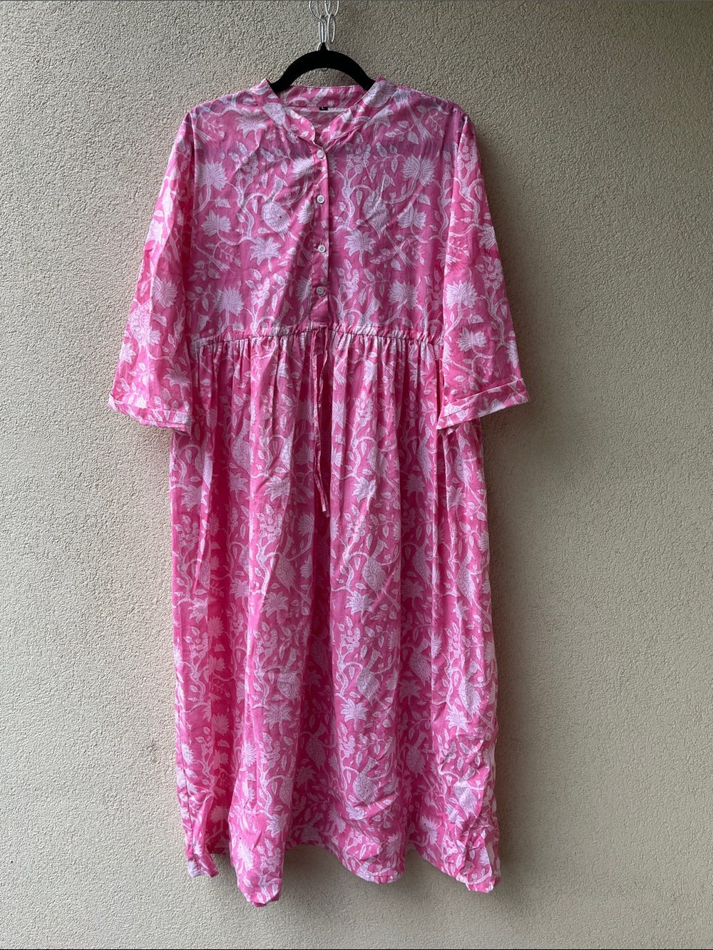 Pink & White Floral Block Print Cotton Gauze Maxi Dress